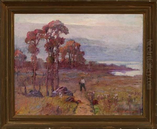 Riverbank View Of A Fisherman Heading Home by Knute Heldner