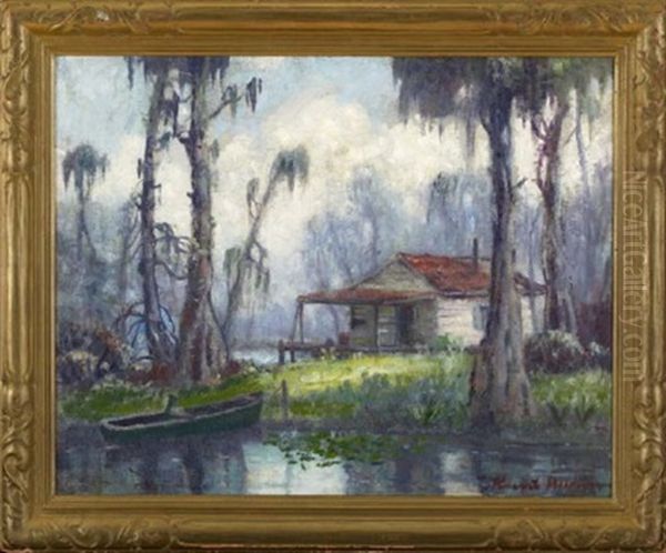 Swamp Scene With Cabin And Boat Oil Painting by Knute Heldner