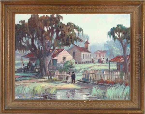 Louisiana Bayou Scene With Black Figures Arriving For Sunday Church by Knute Heldner