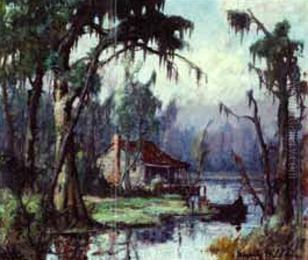 Louisiana Bayou With Cabin And Fisherman In A Pirogue by Knute Heldner