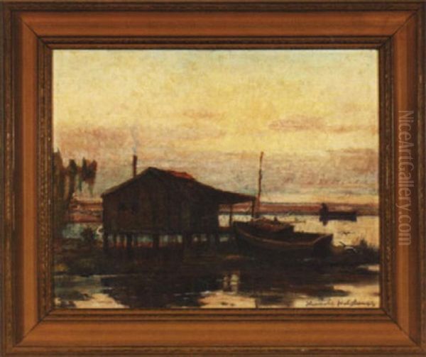 Bayou Cabin With Shrimp Boat And Fisherman by Knute Heldner