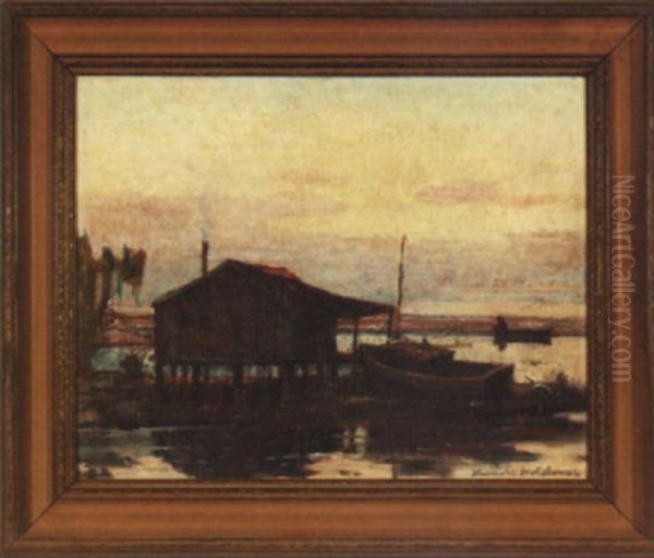 Bayou Cabin With Shrimp Boat And Fisherman Oil Painting by Knute Heldner