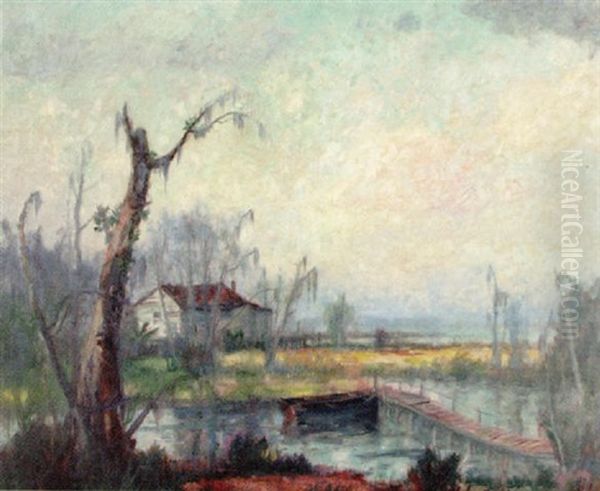 Bayou Scene With Cabin And Boats by Knute Heldner