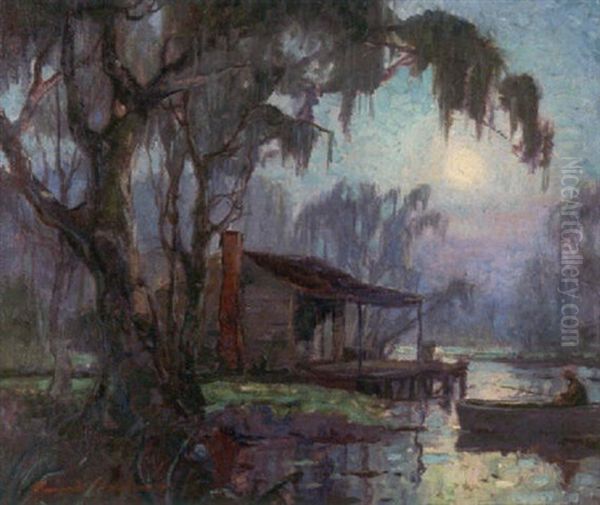 Moonlight Swamp With Cabin And Black Man In A Pirogue by Knute Heldner