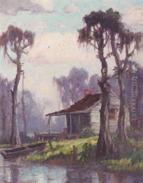 Bayou Scene With Cabin And Cypress Trees by Knute Heldner