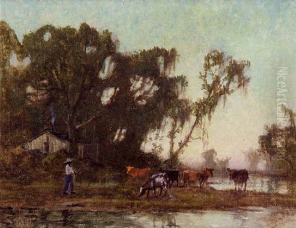 Black Figures Herding Cattle by Knute Heldner