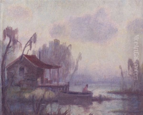 Bayou Scene With Fisherman And Cabin by Knute Heldner