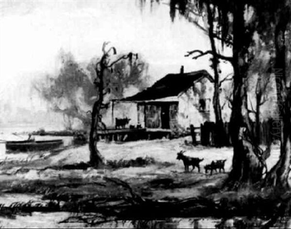 Cajun Shack With A Bull On The Porch And Goats Grazing, And A Fisherman Rowing Home by Knute Heldner