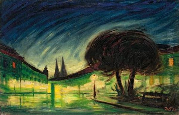 Nachtliche Regenstrasse Oil Painting by Werner Heldt