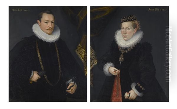 Portraits Of Karl Von Langemantel (d.1610) Of Augsburg, And His Wife Korona Welser (d.1650) (pair) Oil Painting by Abraham del Hele