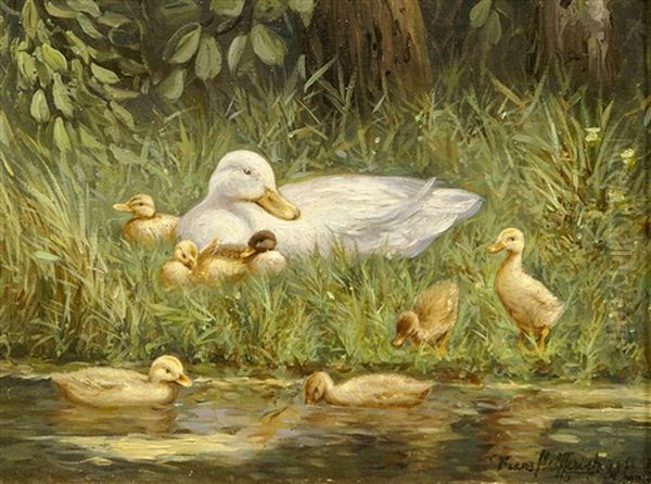 Ente Mit Jungen Am Wasser Oil Painting by Franciscus Willem Helfferich