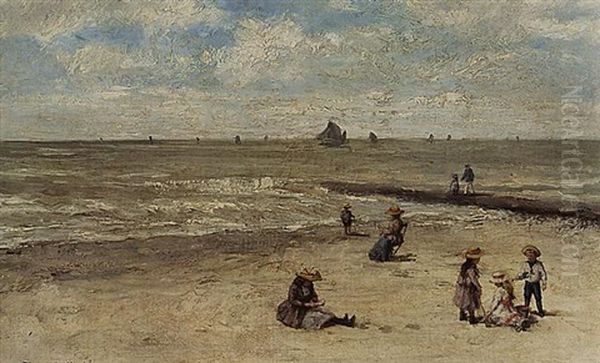 Children Playing At The Beach Oil Painting by Franciscus Willem Helfferich