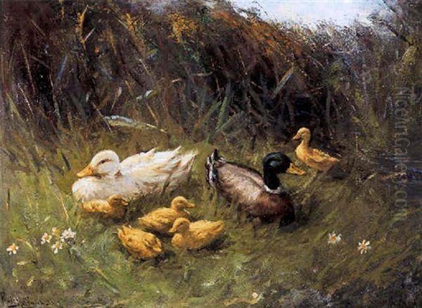 Eenden In Het Gras Oil Painting by Franciscus Willem Helfferich