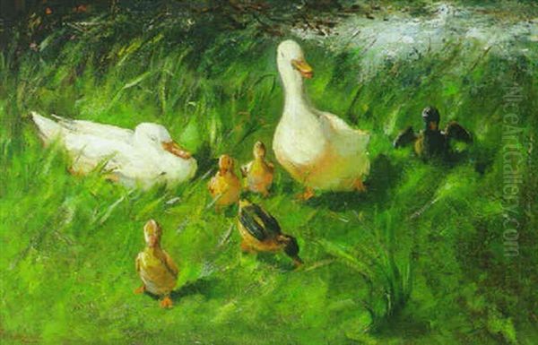 Ducks And Duckling On A Riverbank Oil Painting by Franciscus Willem Helfferich