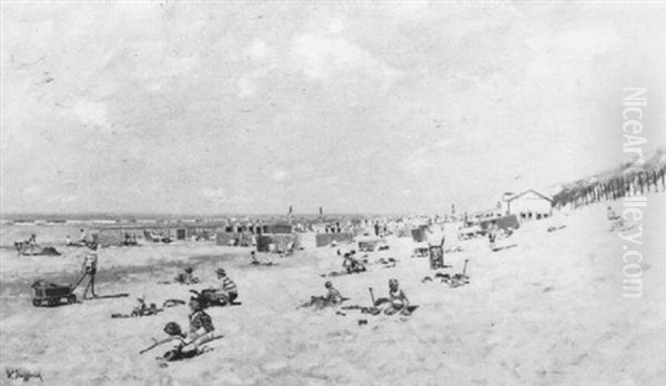 Beach Scene Oil Painting by Franciscus Willem Helfferich