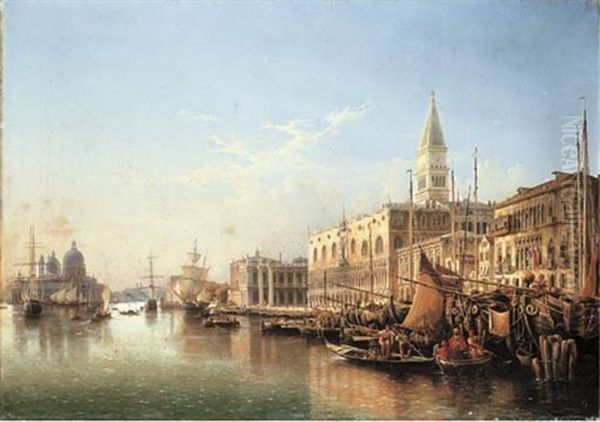 Venice: The Riva Degli Schiavoni, Looking West With The Punta Della Dogana And Santa Maria Della Salute Beyond Oil Painting by Julius Edward W. Helfft