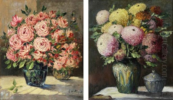 Pivoines Et Chrysanthemes (pair) Oil Painting by Gustave Helinck