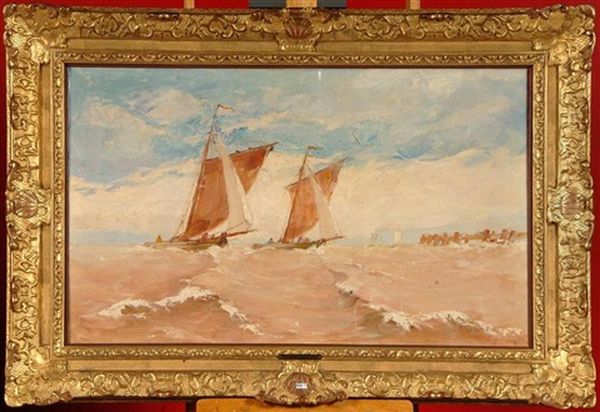 Bateaux De Peche En Mer Oil Painting by Gustave Helinck