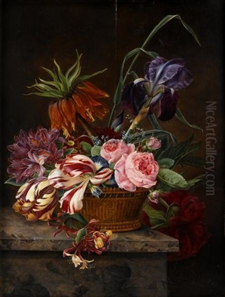 Parrot Tulips, Roses And Other Flowers In A Basket Upon A Stone Ledge Oil Painting by Jeanne Marie Josephine Hellemans