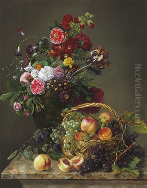 Still Life With Peaches And Grapes Oil Painting by Jeanne Marie Josephine Hellemans