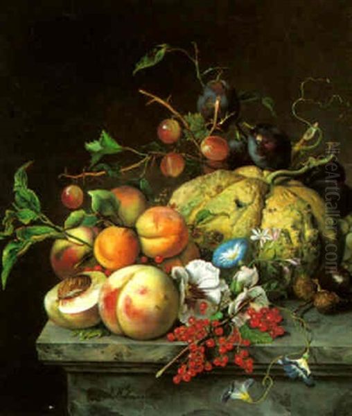 A Still Life With Fruit On A Ledge Oil Painting by Jeanne Marie Josephine Hellemans