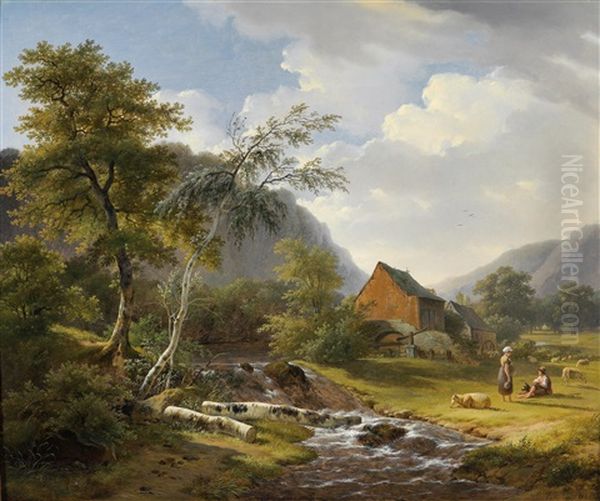 Weidelandschaft Am Bach Mit Hirten Oil Painting by Pierre-Jean Hellemans