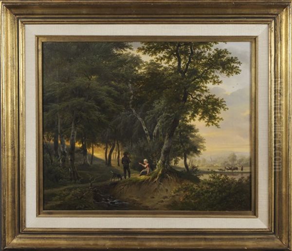 Paysage Avec Promeneurs, Fermiere Et Village Dans Le Lointain Oil Painting by Pierre-Jean Hellemans