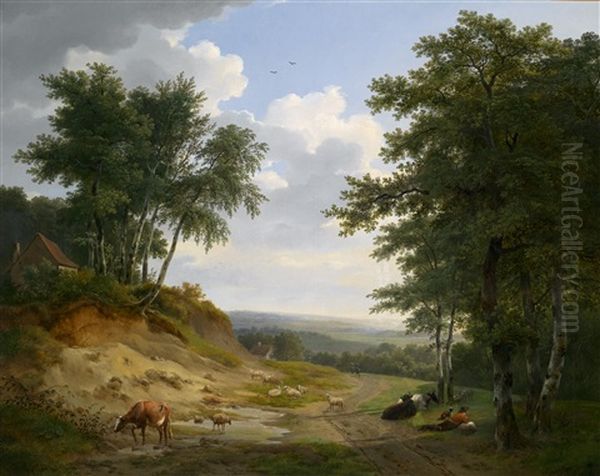 Tierherde Und Hirte Vor Einer Weiten Landschaft Oil Painting by Pierre-Jean Hellemans