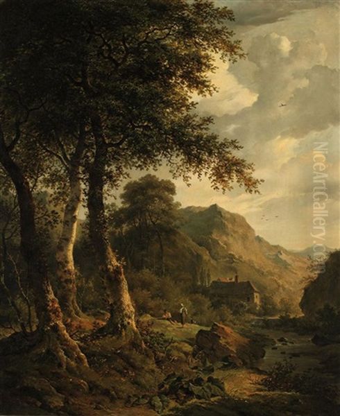 A Wooded Landscape With Figures Resting Near A Watermill Oil Painting by Pierre-Jean Hellemans