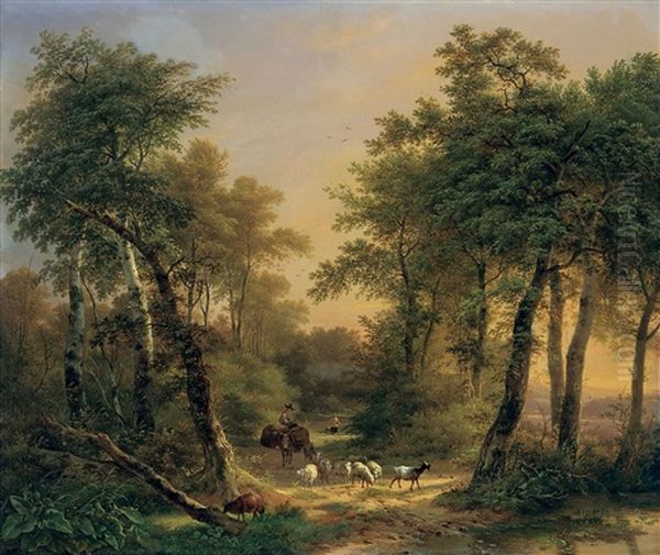 Bewaldete Landschaft Mit Hirten Und Schafherde Oil Painting by Pierre-Jean Hellemans