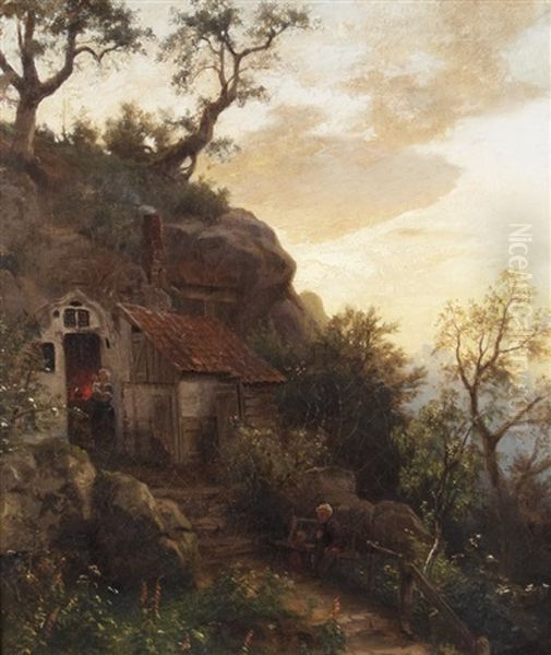 Evening Mood In Front Of The House Oil Painting by Carl Von Der Hellen