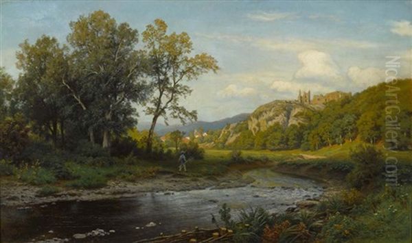 Flusslandschaft Mit Angler Und Burgruine Oil Painting by Carl Von Der Hellen