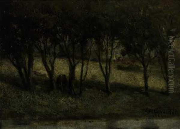 Untitled (cows In Pasture, Near A Stream) Oil Painting by Edward Mitchell Bannister