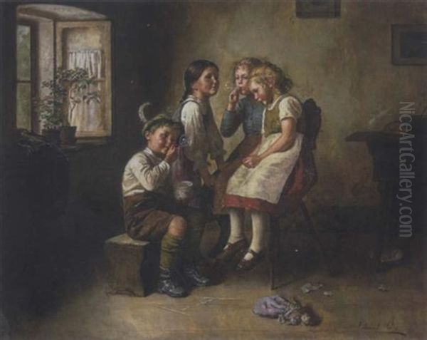 Seifenblasen - Vier Spielende Kinder In Der Stube Oil Painting by Oedon (Edmund) Heller