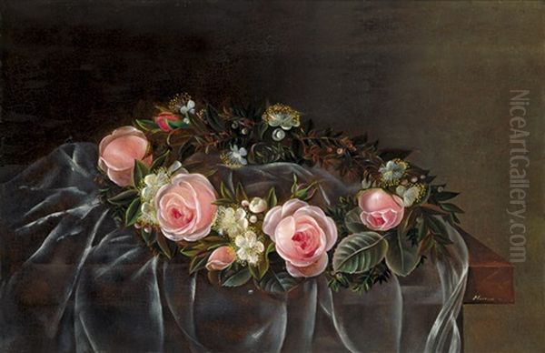 Brautstraus Mit Schleier, Rosa Rosen Und Myrtenbluten Oil Painting by Hanne Hellesen