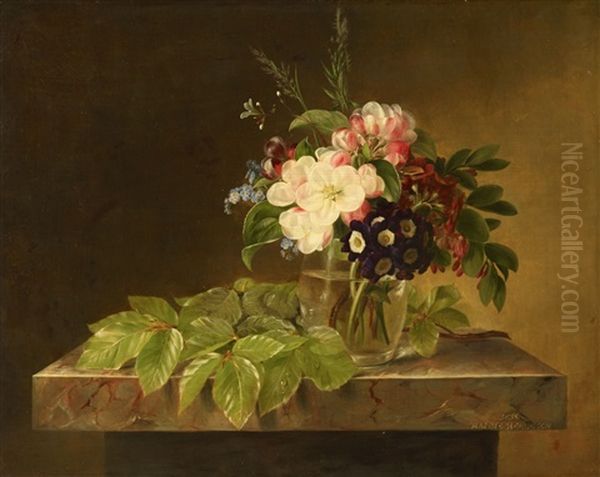 Flowers In A Glass Vase On A Marble Table Oil Painting by Hanne Hellesen