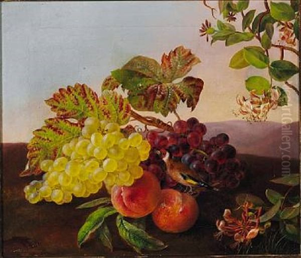 Still Life With A Goldfinch, Grapes And Peaches Oil Painting by Hanne Hellesen