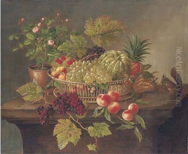 Grapes, Pineapple, Melon And Peaches In A Basket With A Squirrel And A Rosebush On A Table Oil Painting by Hanne Hellesen