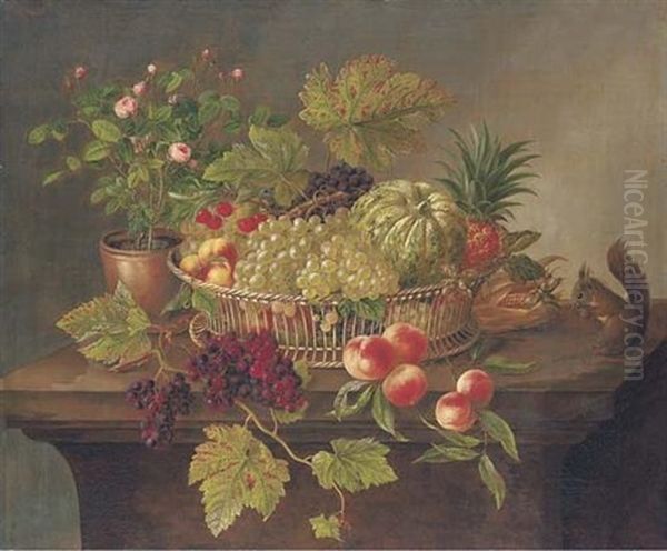 Grapes, Pineapple, Melon And Peaches In A Basket With A Squirrel And A Rosebush On A Table Oil Painting by Hanne Hellesen