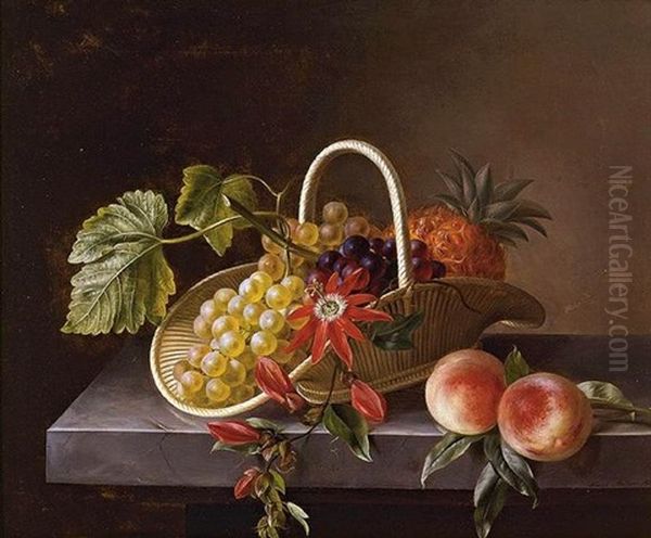 Still Life Of Fruit And Flowers In A Basket And Peaches, All Resting On A Marble Ledge by Hanne Hellesen