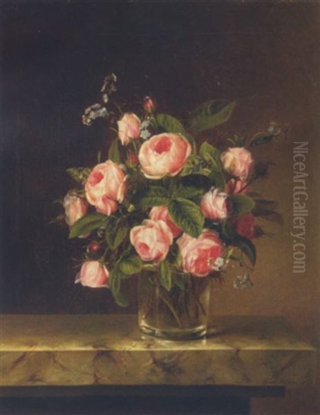 Pink Roses And Forget-me-nots In A Glass On A Marble Ledge Oil Painting by Hanne Hellesen