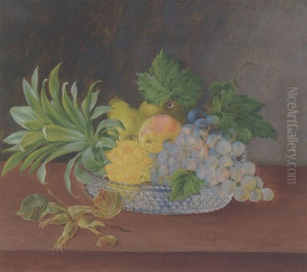 Ananas, Druer Og Paerer I En Glasskal Pa En Karm Oil Painting by Hanne Hellesen