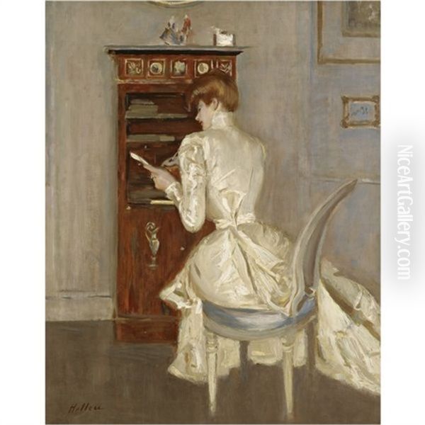 Madame Helleu A Son Bureau Dans Le Salon De L'atelier Du Peintre (madame Helleu At Her Bureau In The Drawing Room Of The Artist's Studio) Oil Painting by Paul Cesar Helleu