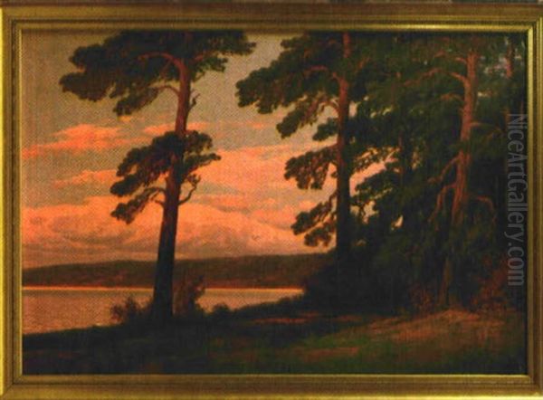 Abendhimmel Uber Einem Von Seichten Bewaldeten Hugeln Eingebetteten See Oil Painting by Rudolf Hellgrewe