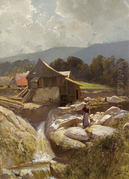 Muhle Im Riesengebirge Oil Painting by Rudolf Hellgrewe