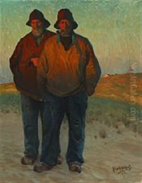 Two Fishermen In The Dunes, Skagen Oil Painting by Heinrich Hellhoff