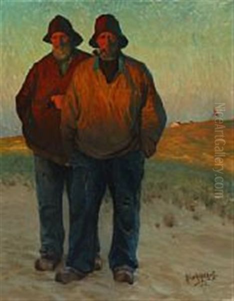 Two Fishermen In The Dunes, Skagen Oil Painting by Heinrich Hellhoff