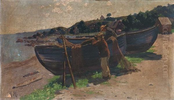 Uferstuck Mit Fischerbooten Am Strand An Einem Sonnentag Oil Painting by Heinrich Hellhoff