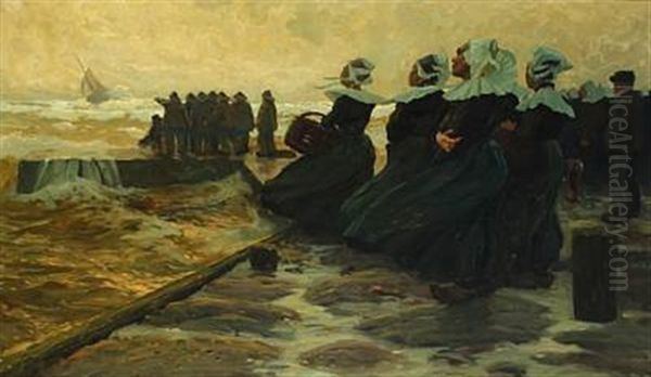 Coastal Scenery With Distress Ship, Mole With Fishermen And Women In National Dress Oil Painting by Heinrich Hellhoff