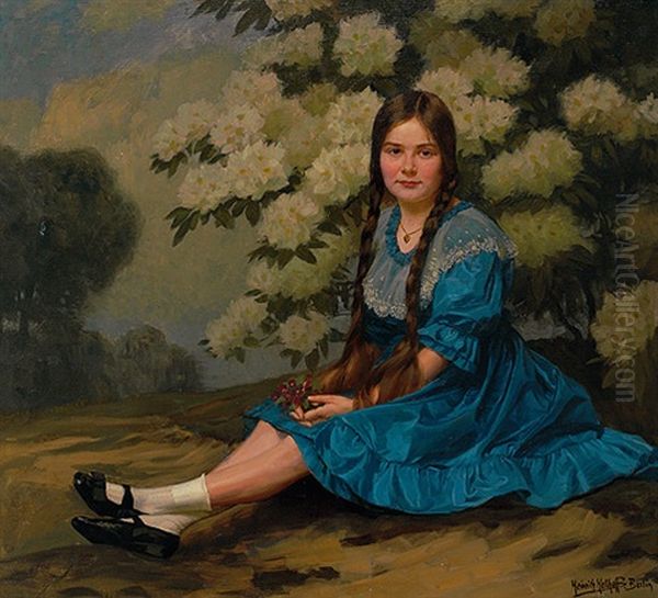 Portrait Eines Madchens Im Blauen Kleid, Vor Weisem Rhododendronbusch Sitzend Oil Painting by Heinrich Hellhoff